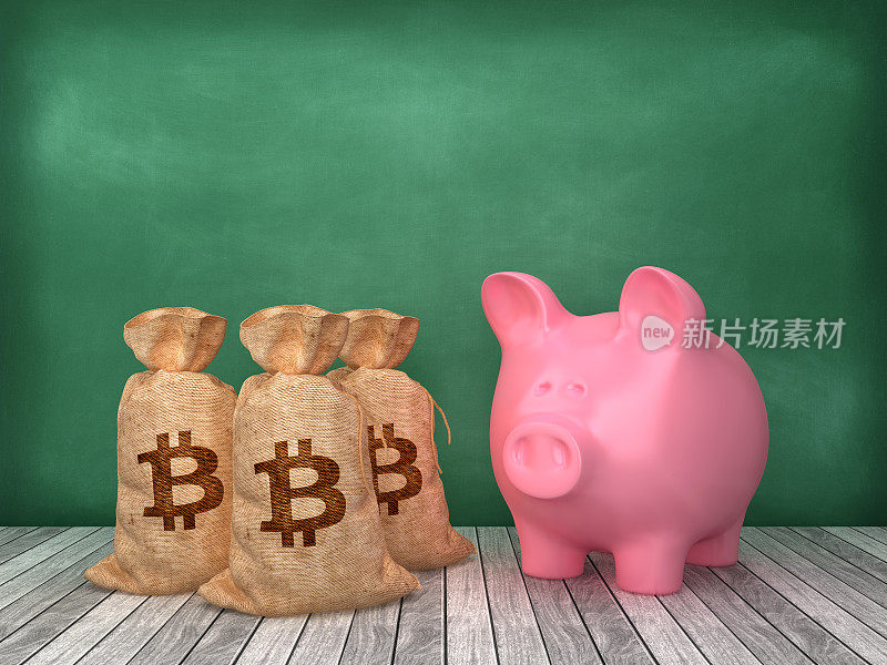 小猪银行与比特币钱袋在黑板上的背景- 3D渲染